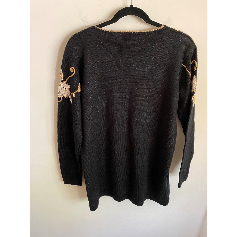 Jaclyn Smith Vintage Black Gold Crochet Floral Pearl Beaded Knit Sweater M 9472 - Picture 5 of 6